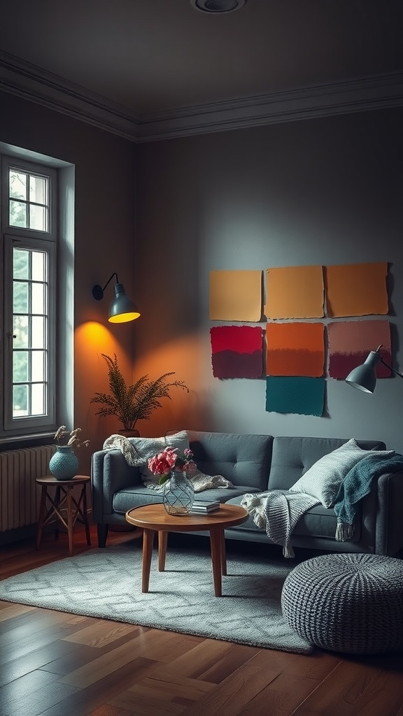 A cozy living room featuring paint color swatches on the wall and a warm lamp light.