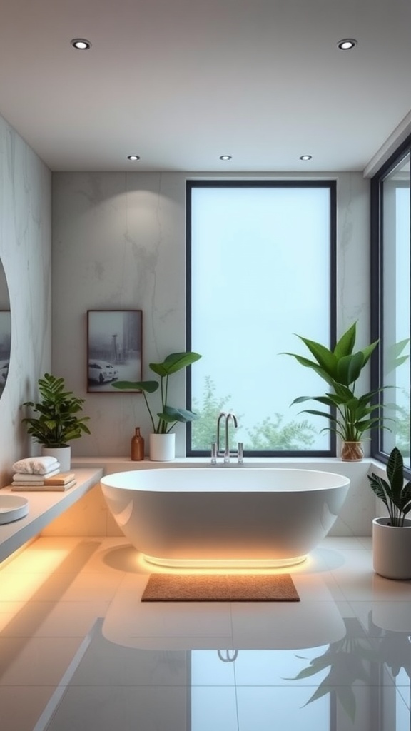 Modern bathroom with a large bathtub, plants, and natural lighting