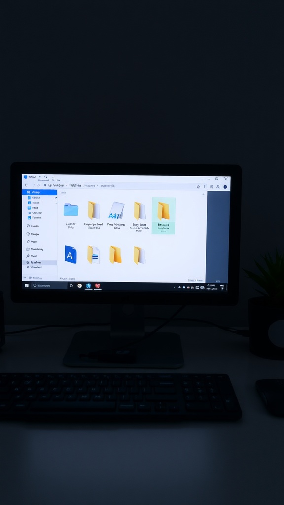 Computer screen showing organized files with folders on a desk