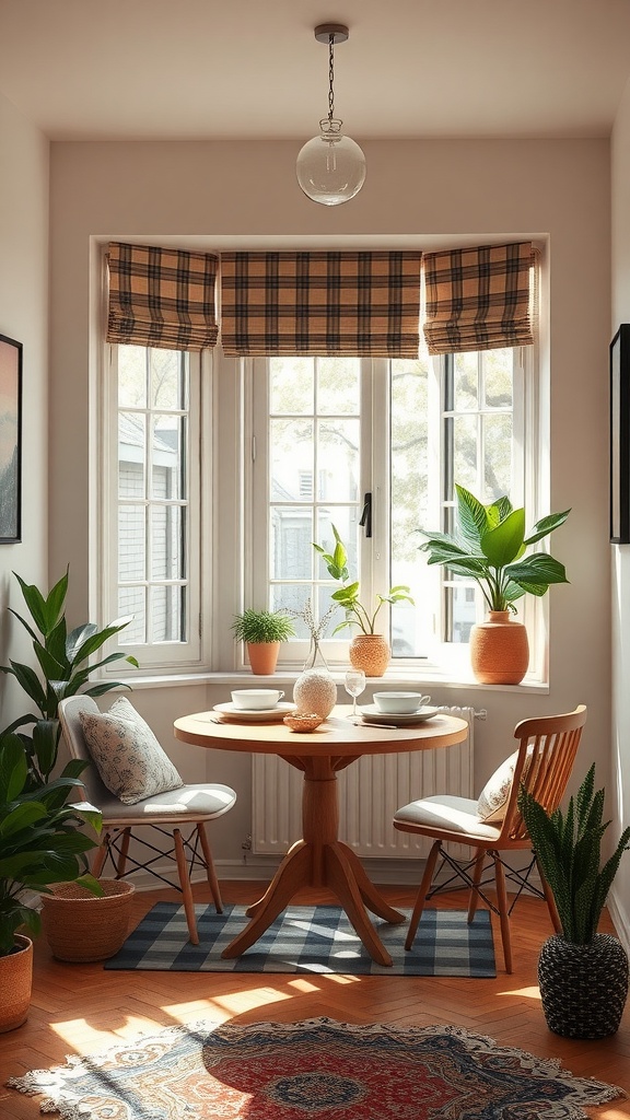 Cozy dining area by the window with a round wooden table and plants