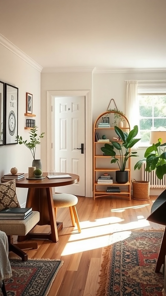 Cozy small living room with dining table near entryway, featuring plants and warm wood tones.