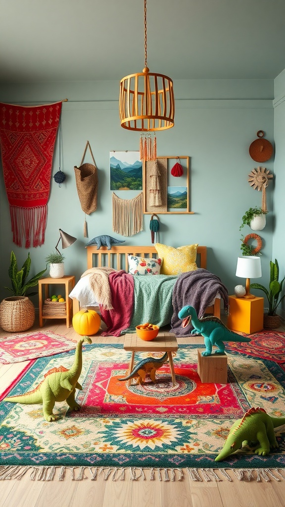 A boho themed kids bedroom featuring dinosaur toys, colorful rugs, and cozy decor