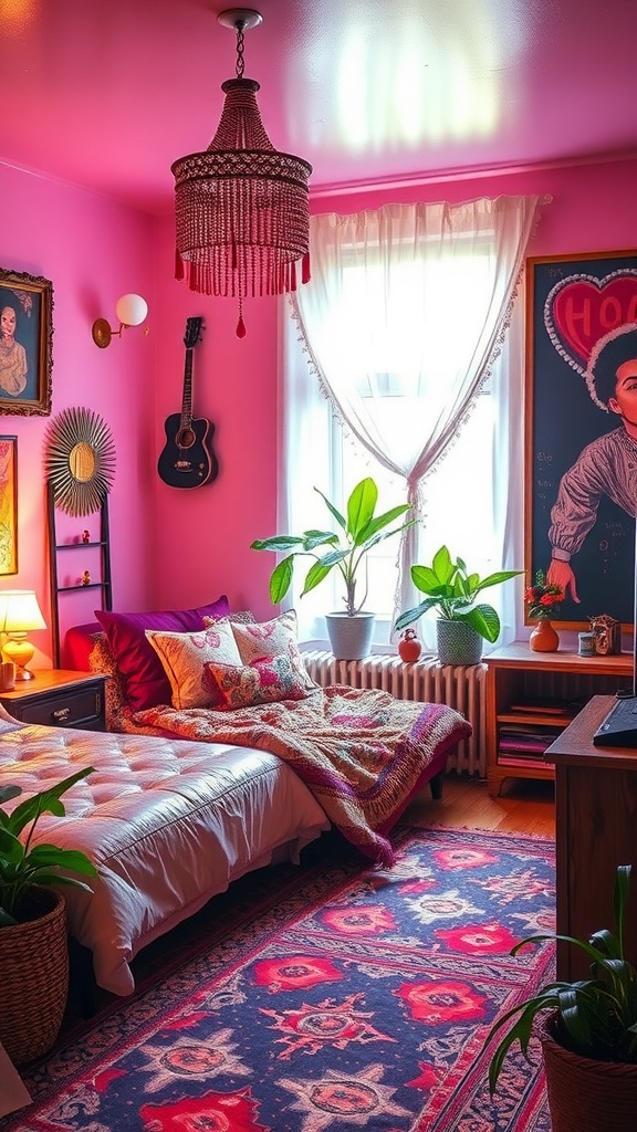 A vibrant boho style bedroom with pink walls, a chandelier, guitar on the wall, and colorful bedding.