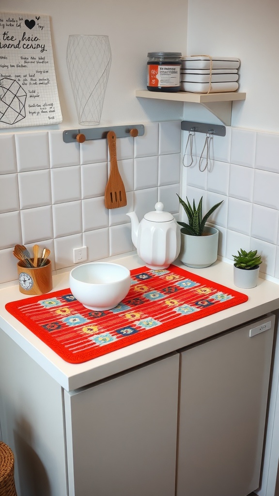 A colorful dish-drying mat on a kitchen counter with a bowl, kettle, and plants.