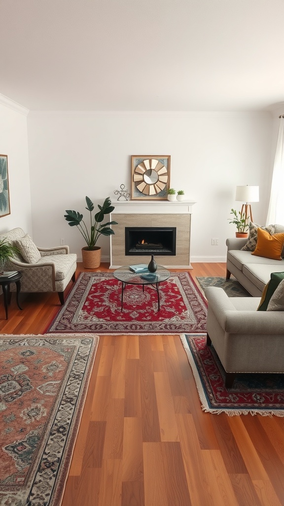 A cozy living room with hardwood floors and layered patterned rugs.