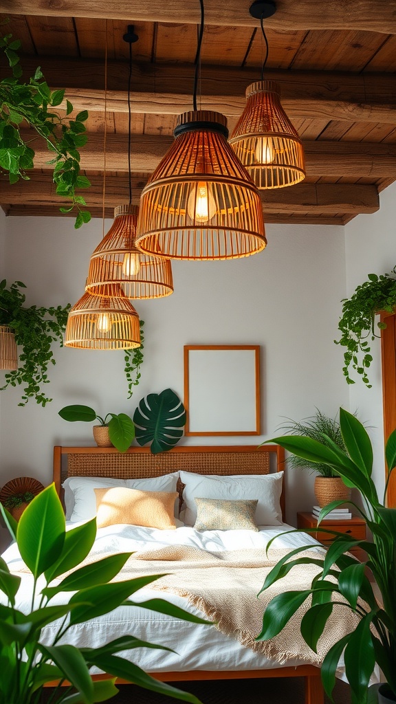 Cozy bedroom with bamboo light fixtures and lush plants