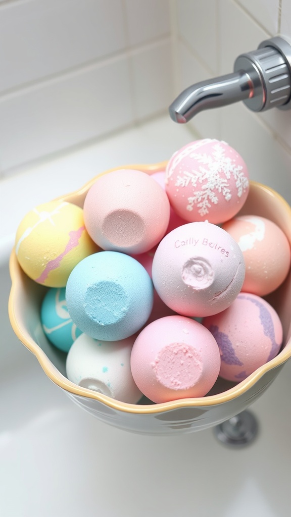 A colorful assortment of bath bombs in a decorative bowl near a bathtub faucet.