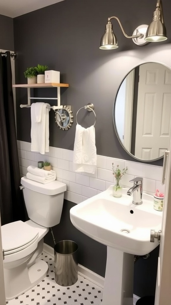 A beautifully designed small bathroom featuring white subway tiles, a round mirror, and stylish fixtures.