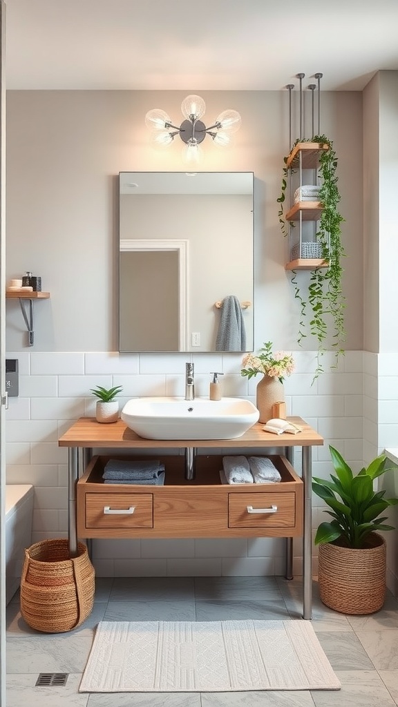 A modern bathroom with a wooden vanity, wall mirror, plants, and stylish lighting.