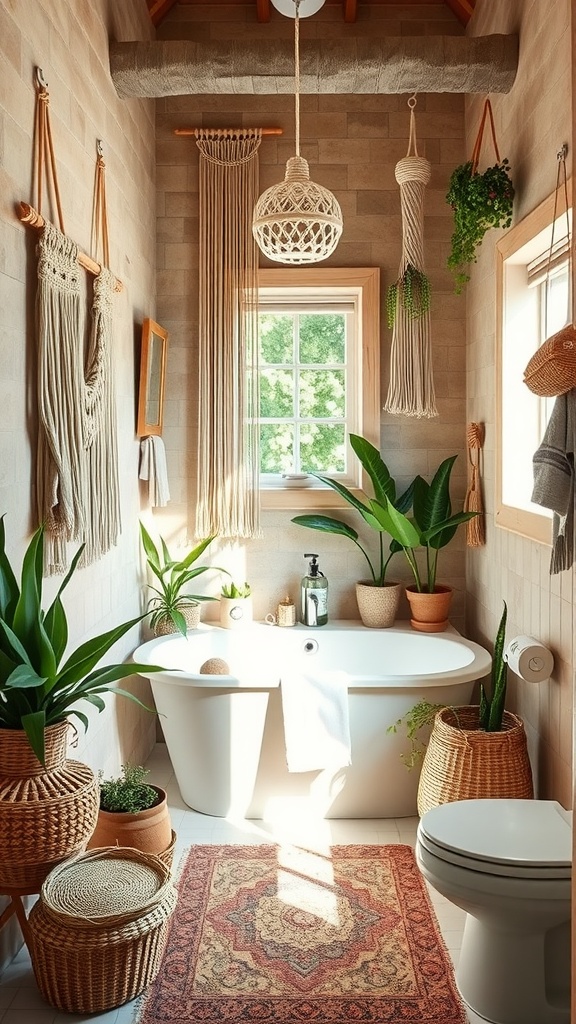 A cozy boho bathroom featuring a bathtub, plants, macramé decor, and a vintage rug.