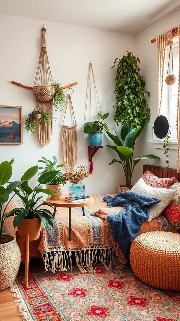 A cozy DIY Boho bedroom featuring plants, macrame wall hangings, and colorful textiles.