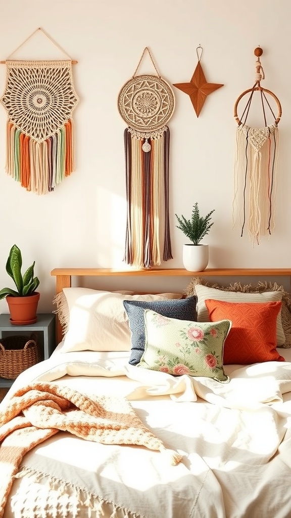 Cozy boho bedroom with macrame wall hangings and colorful pillows.