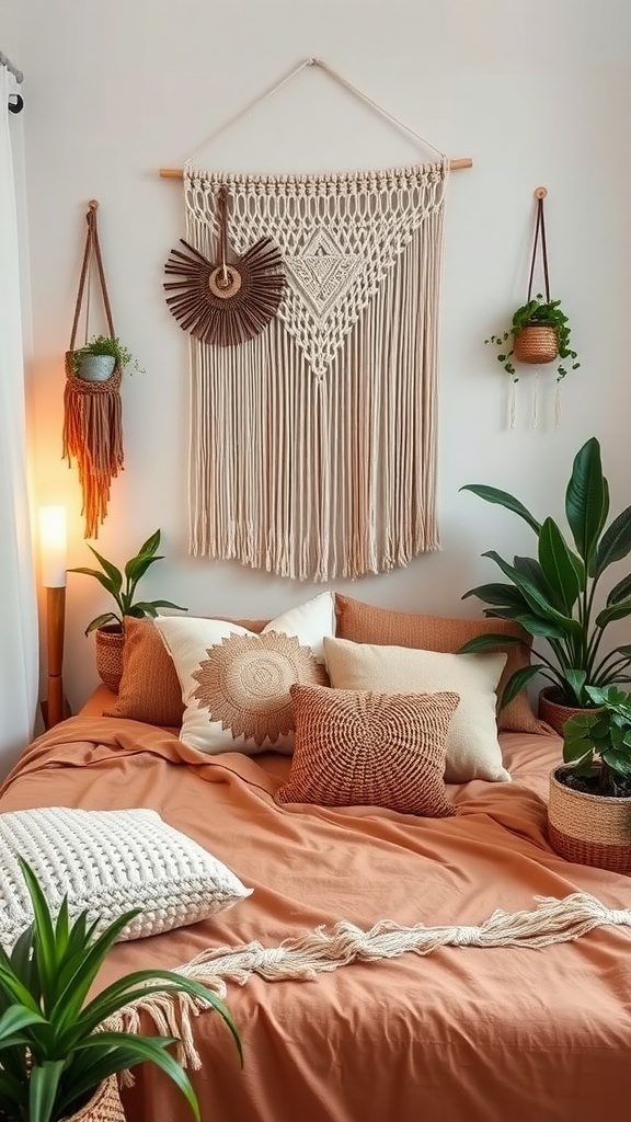 Cozy boho style apartment bedroom with macramé wall hanging, pillows, and plants