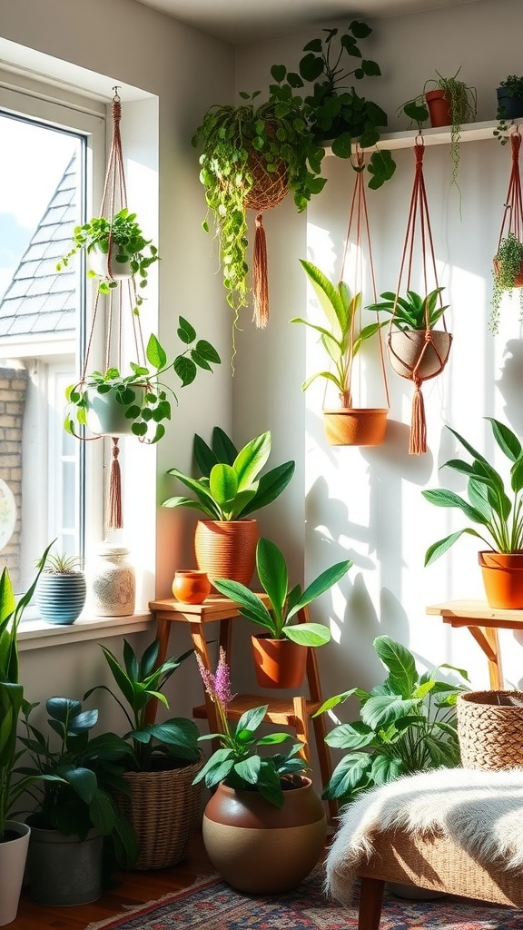 A bright and airy room filled with various houseplants in pots and macramé hangers, showcasing a Boho chic decor style.