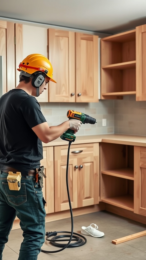 Person in a hard hat using a power drill for kitchen cabinet installation.