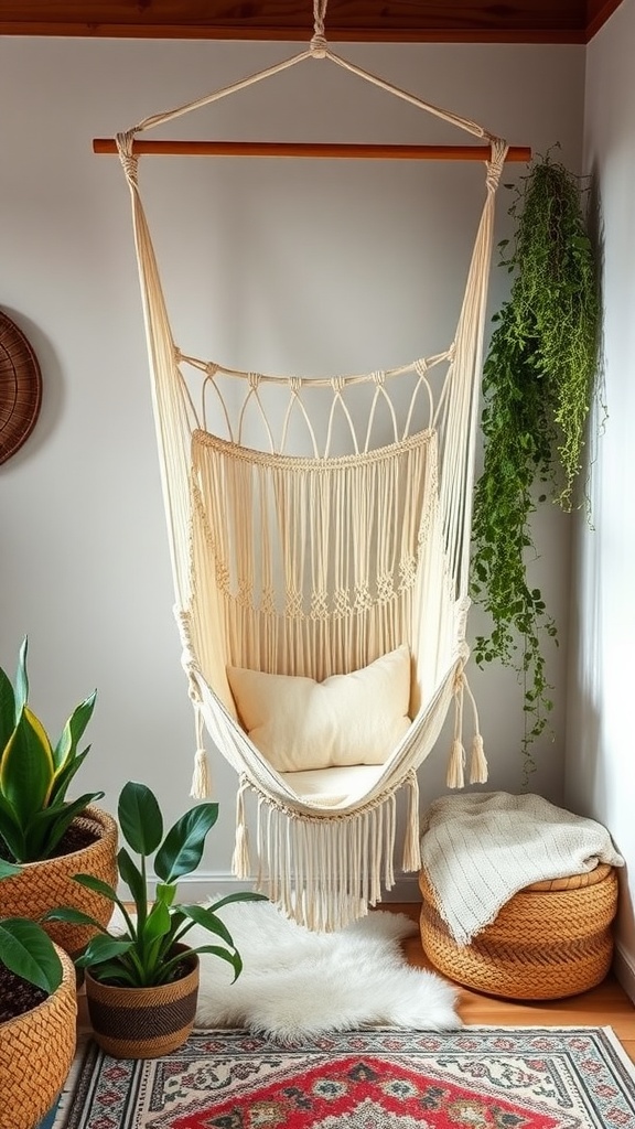 A cozy macrame hammock in a boho style bedroom with plants and soft furnishings.