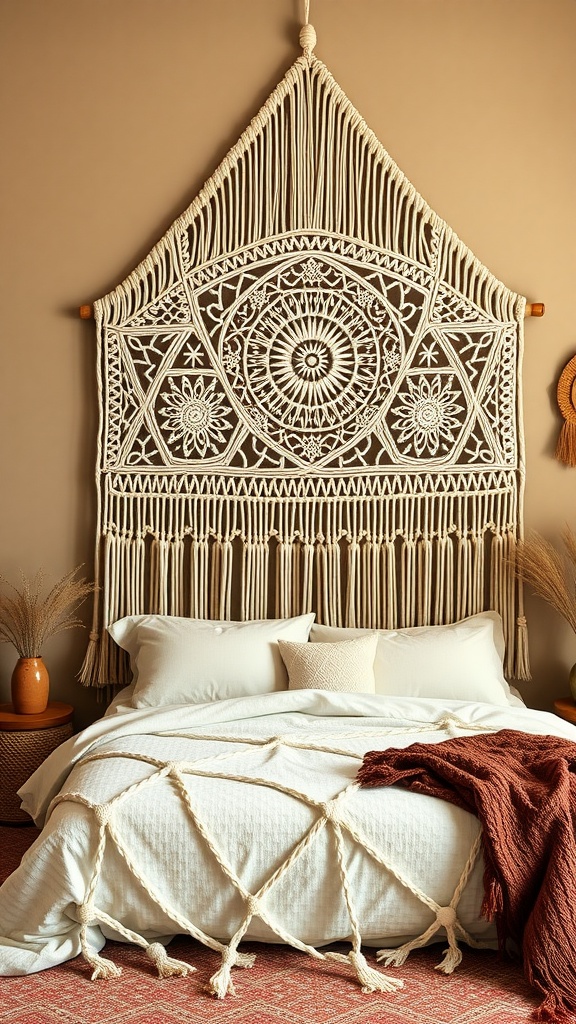 A macrame headboard with intricate designs, above a neatly made bed with white bedding and earthy colored accents.