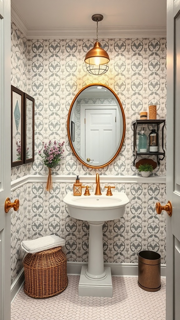 A stylish DIY powder room featuring patterned wallpaper, a copper light fixture, and a pedestal sink.