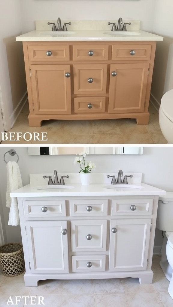 Before and after images of a bathroom vanity makeover, showcasing a transformation from peach to gray.