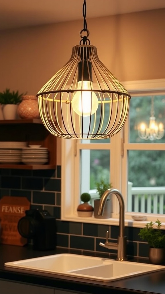 A DIY wire basket pendant light hanging above a kitchen sink
