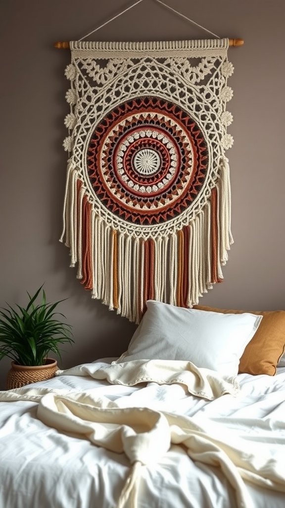 A colorful yarn wall hanging displayed above a bed with a plant next to it.