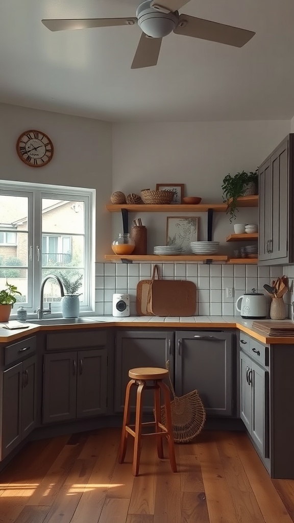 A cozy kitchen with gray cabinets, wooden shelves, and natural light coming through the window