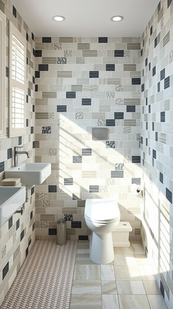 A stylish bathroom with a mix of gray, black, and cream rectangular and square tiles on the walls, complemented by a hexagonal patterned floor.