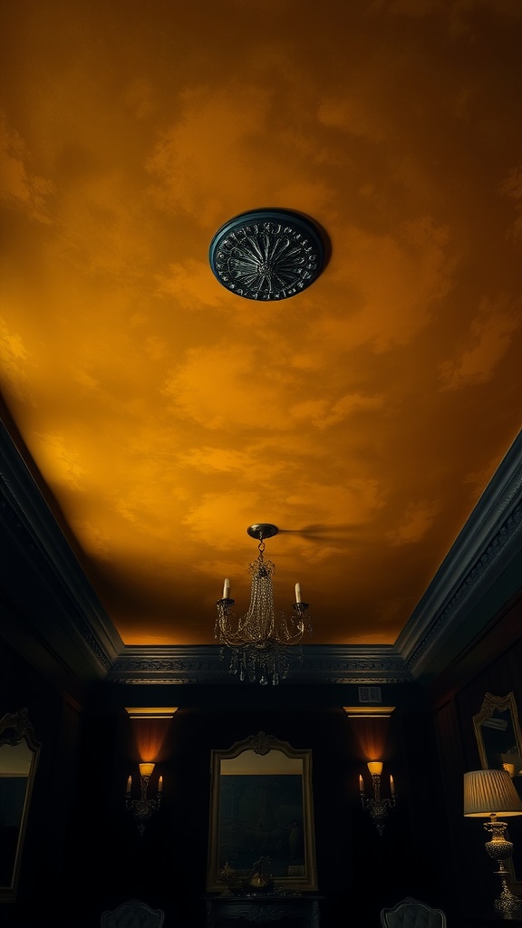 A beautifully painted orange ceiling with a decorative medallion and chandelier, lighting up a dark room.