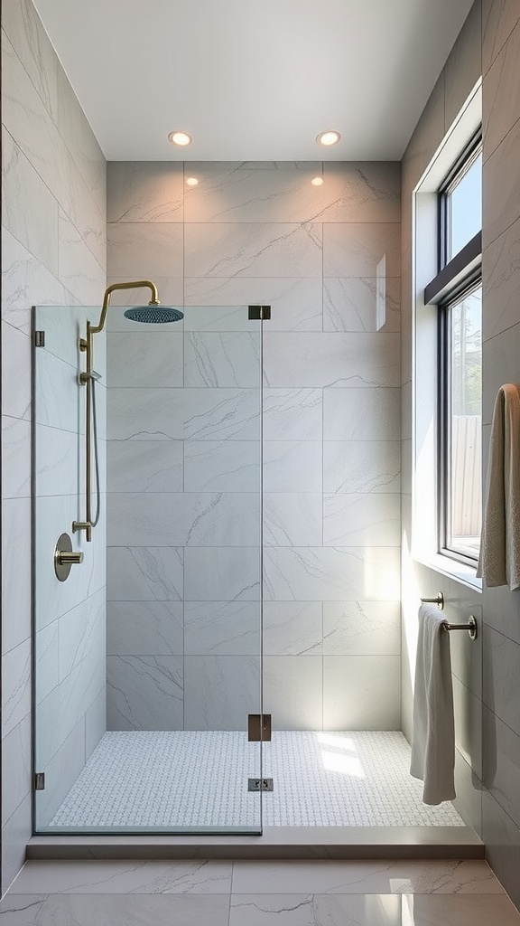 A modern double shower with large window and gold fixtures, featuring light marble tiles.