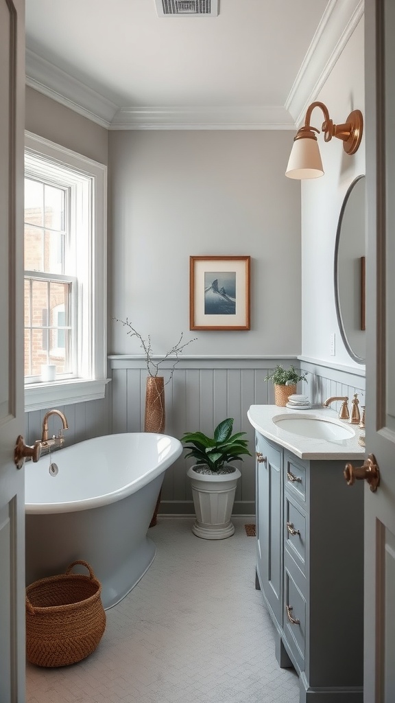 A beautifully designed bathroom featuring Dove by Behr paint color on the walls, complemented by a freestanding bathtub and elegant fixtures.