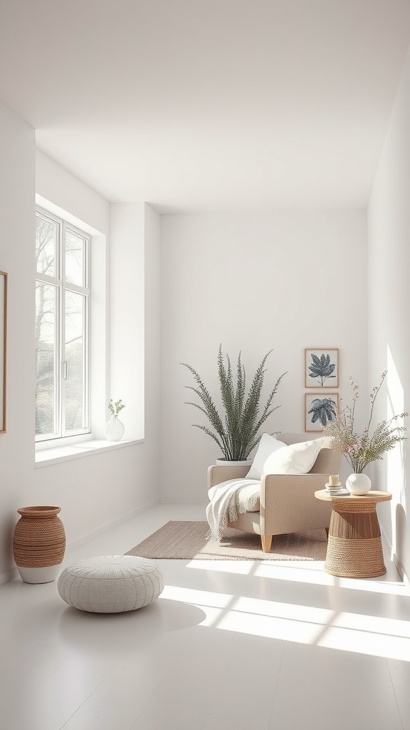 A bright and inviting room featuring Dover White SW 6385 paint with soft furnishings and plants.