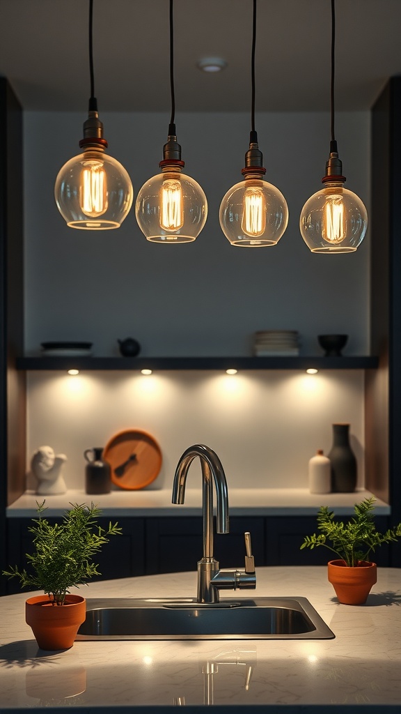 Four glass pendant lights hanging above a modern kitchen sink with green plants and a marble countertop.