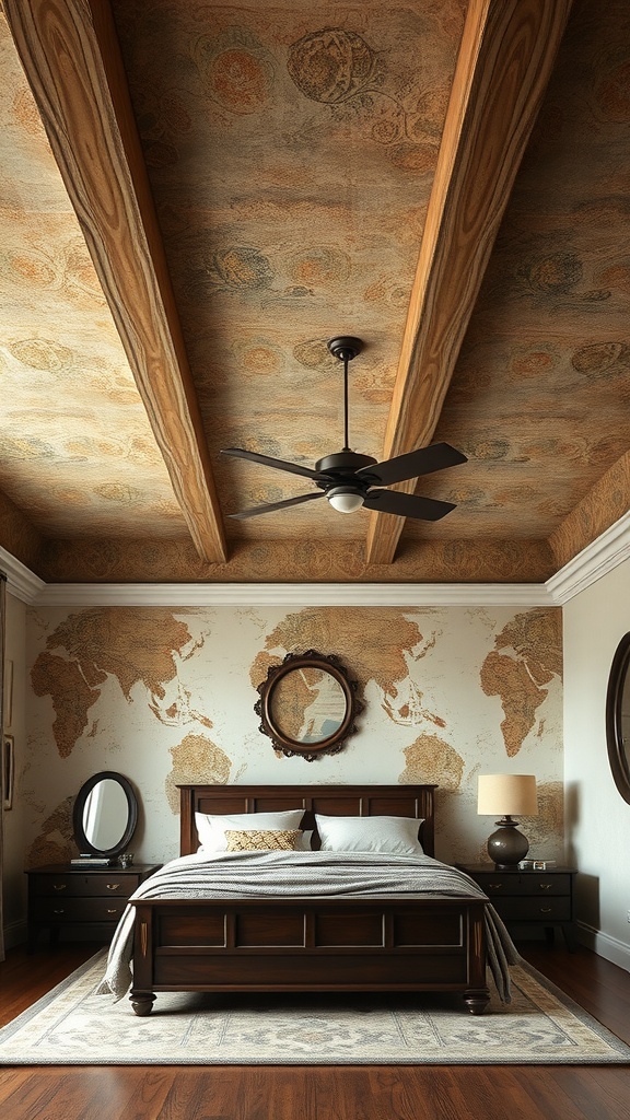 A bedroom with a dramatic ceiling featuring wooden beams and a vintage map design, complemented by dark wood furniture.