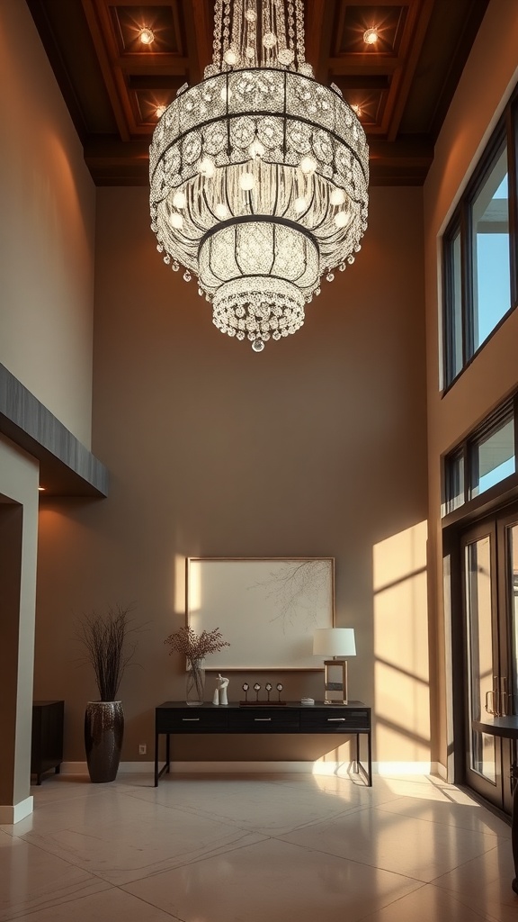 A dramatic chandelier hanging in a modern foyer with neutral walls and stylish decor.