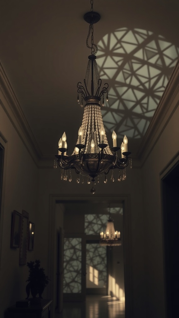 A beautiful chandelier with crystals hanging in a hallway, casting intricate shadows on the walls.