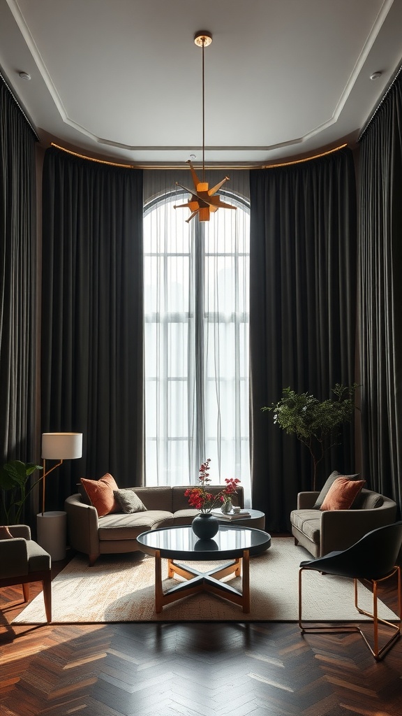 A modern living room with dramatic dark curtains framing large windows, a stylish light fixture, and cozy seating arrangements.