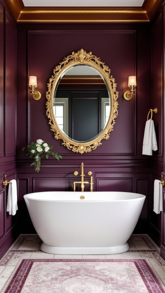 A bathroom featuring deep plum tiles and elegant gold fixtures.