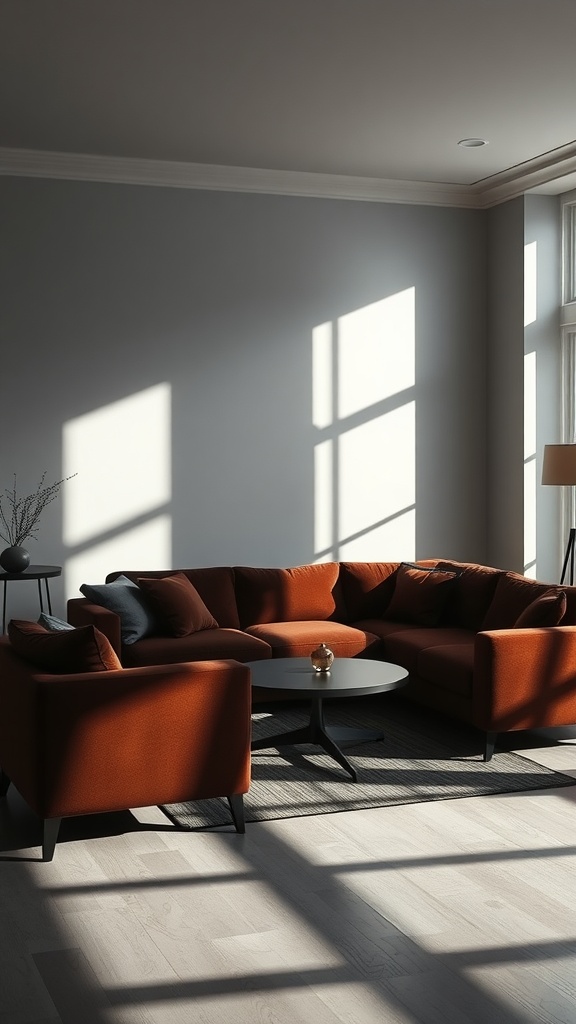 A stylish living room featuring an orange velvet sofa, dramatic shadows from sunlight, and a minimalist coffee table.