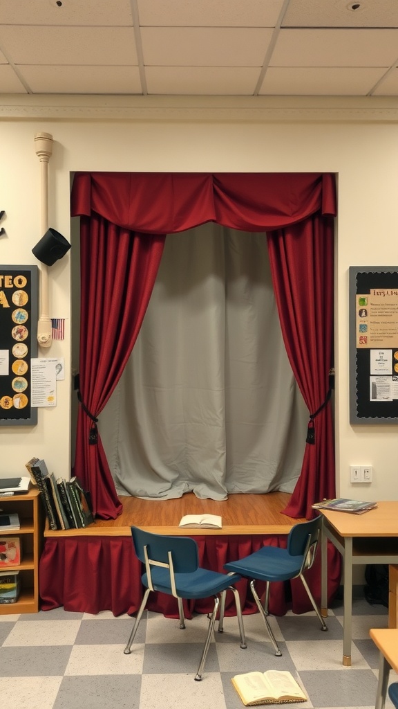 A cozy dramatic reading stage in a classroom with red curtains and a wooden platform.