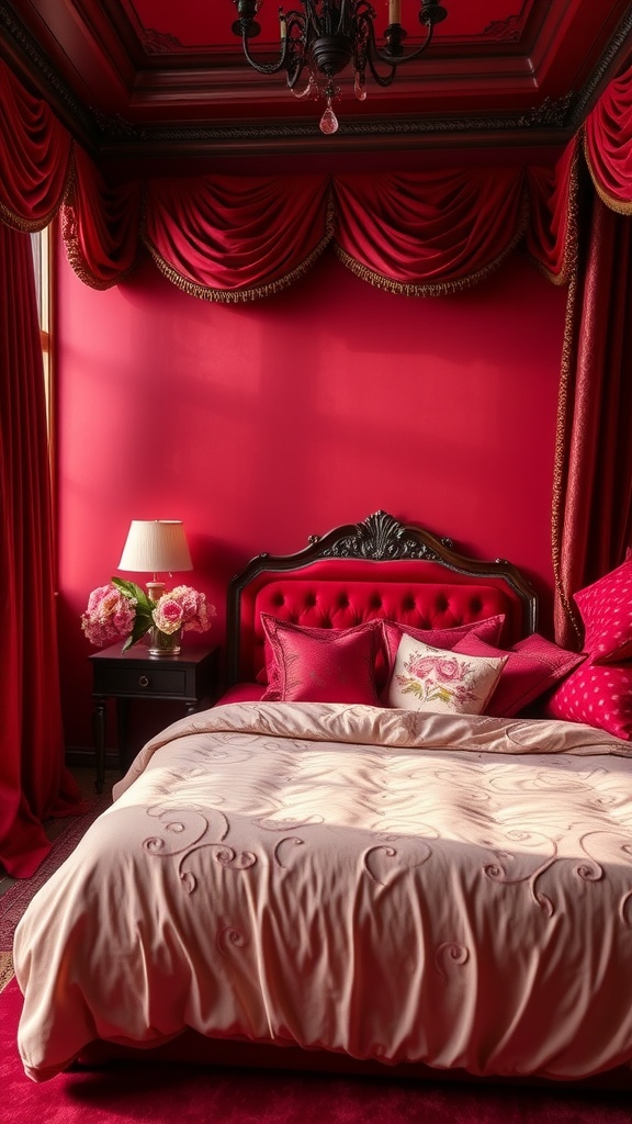 A dramatic ruby red bedroom with rich red walls, plush bedding, and elegant curtains.