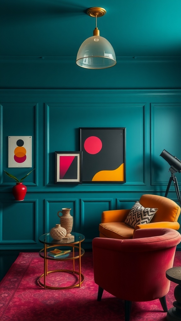 A room with teal walls, a warm orange armchair, and colorful artwork, showcasing dramatic paint colors.