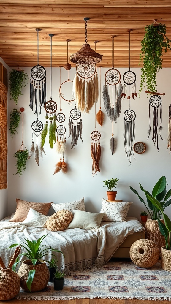 A cozy bedroom featuring a variety of dream catchers hanging from the ceiling, with earth-tone decor and plants.