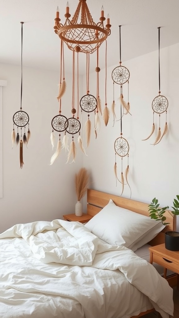 A cozy boho bedroom featuring dreamcatchers hanging from the ceiling, soft white bedding, and wooden furniture.