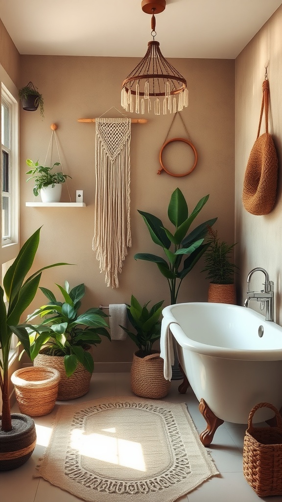 A cozy boho bathroom featuring a freestanding tub, plants in woven pots, and macramé wall decor.