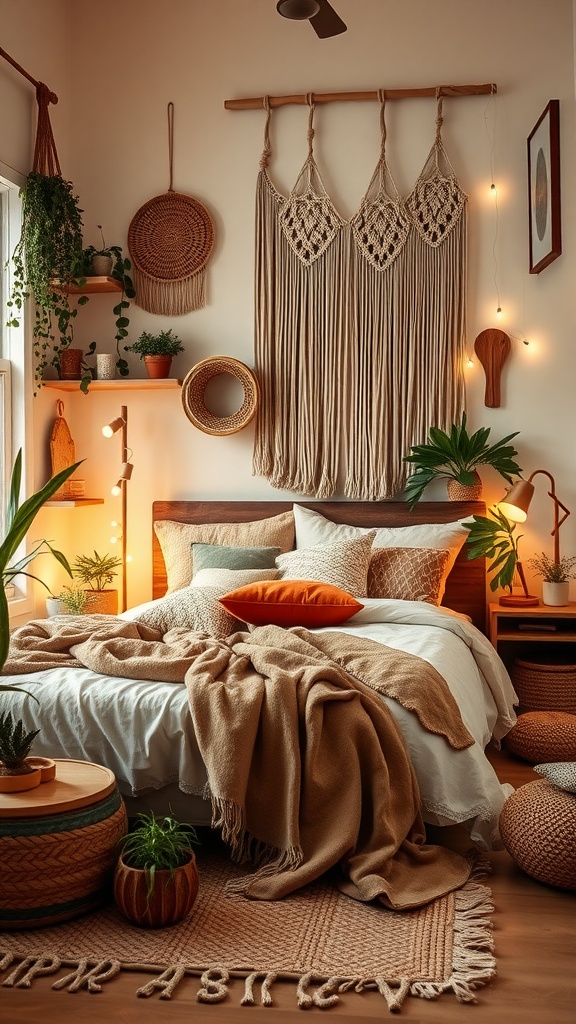 A cozy boho style bedroom featuring warm colors, textured pillows, macramé wall hangings, plants, and soft lighting.