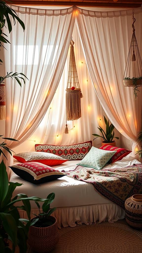 A cozy boho-style bedroom nook with soft curtains, colorful cushions, warm fairy lights, and indoor plants.