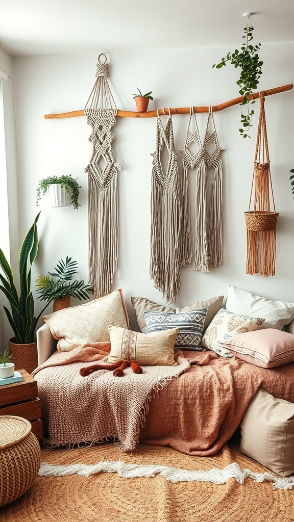 Cozy boho style bedroom featuring soft textiles, macramé wall decor, and indoor plants.