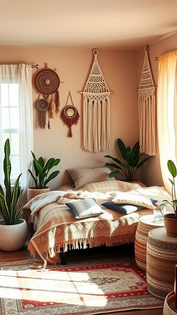 A boho style bedroom featuring a cozy bed, macramé wall art, and greenery