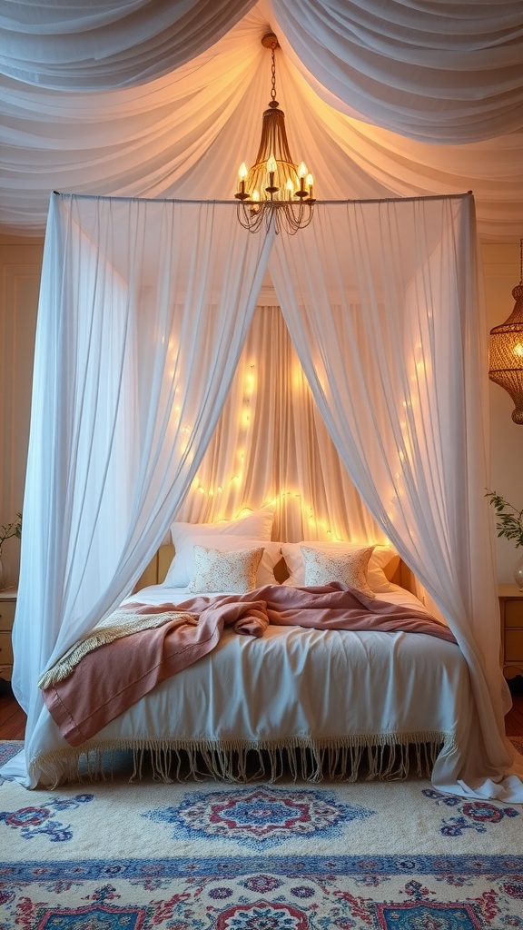 A cozy canopy bed with soft drapes, warm lighting, and decorative pillows in a beautifully styled bedroom.