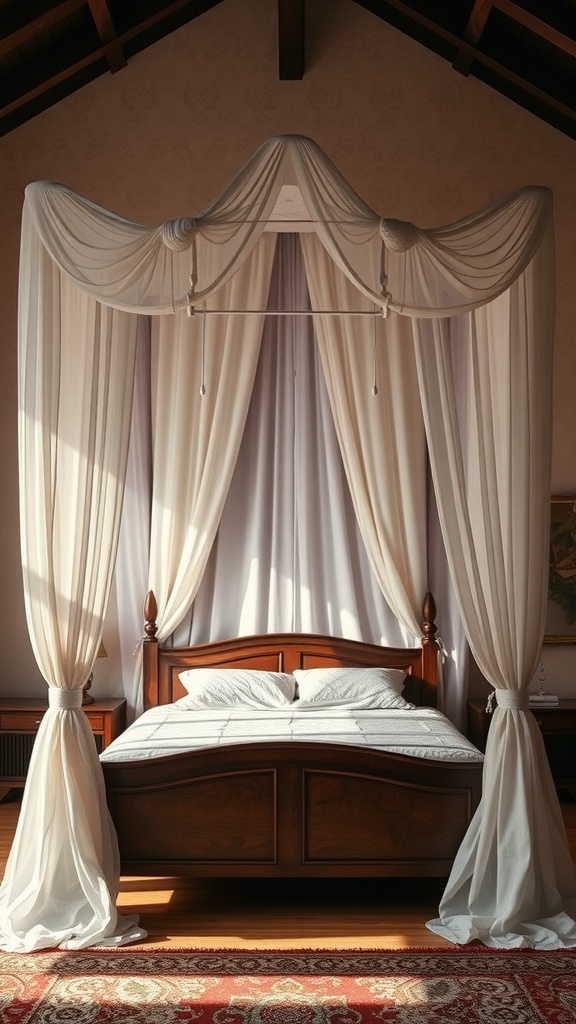 A master bedroom featuring a wooden bed with white canopy drapes, creating a serene and cozy atmosphere.